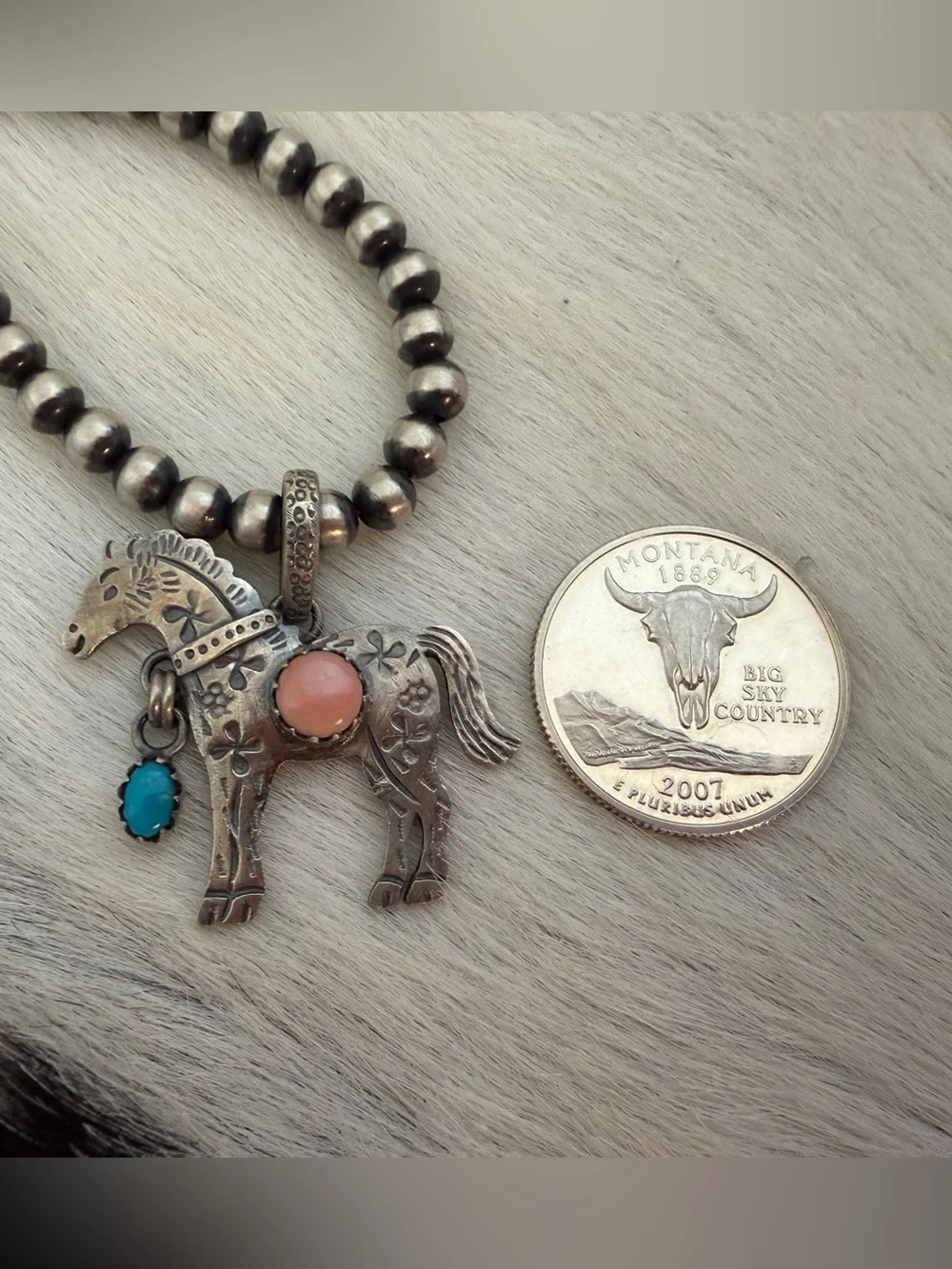 ❤️ Fully Hand Stamped Sterling Horse Pendant Kingman Turquoise Pink Conch 1.28”L - Picture 5 of 10